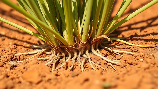 vetiver. Clump of vetiver grass roots growing tightly from reddish-brown soil. gardening catalogs, home-decor guides, designed for home decor and floral branding, used by bi analysts.