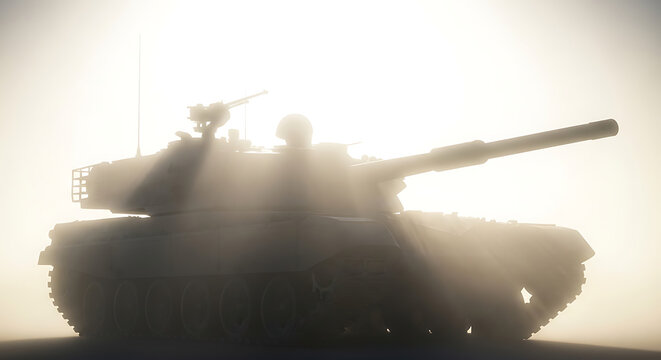 Silhouette of a military tank emerging through sunbeams and fog