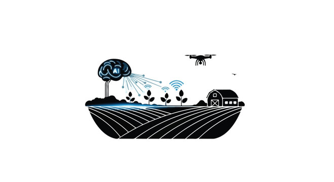 Technology integrating with agriculture uses a digital brain and drones to monitor crop health, representing the future of smart farming, industrial automation, and sustainable food systems.