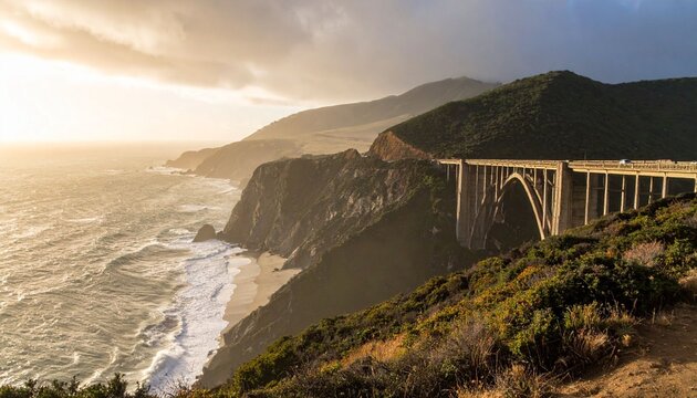 Coastal bridge and mountain landscape
