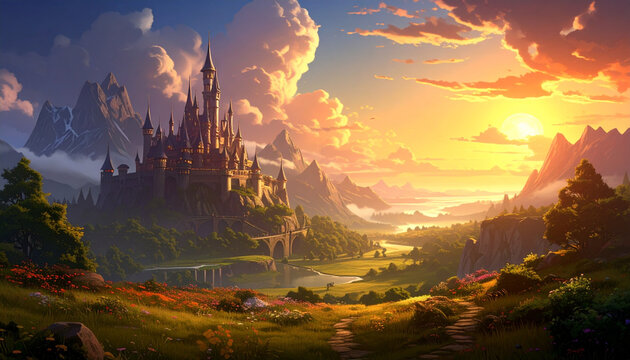 Fantasy castle landscape at sunset