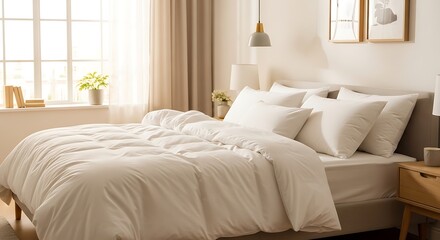Fototapeta premium A bright, cozy bedroom interior. Bed with white linens, natural light through window