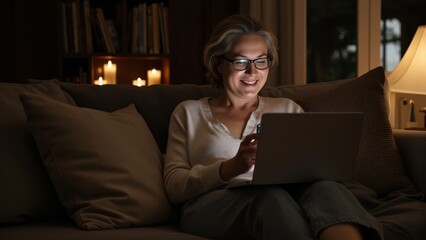 Obraz premium An older woman is relaxed and smiling as she looks at her laptop in the comfort of her living room during nighttime, enjoying her leisure time with digital activities.