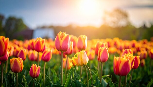 Field of colorful tulips under sunlight