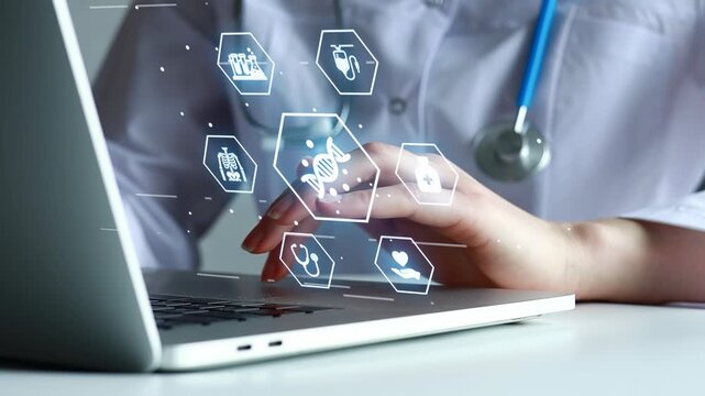 Technology in healthcare shows a hand using a laptop to access medical data and information systems at a health facility.