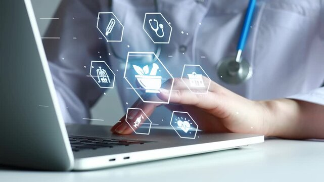 Health professional uses laptop to access health information with digital icons in background during a work session.