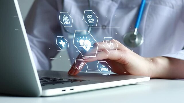 Healthcare worker uses laptop for patient data management in a hospital setting during the day.