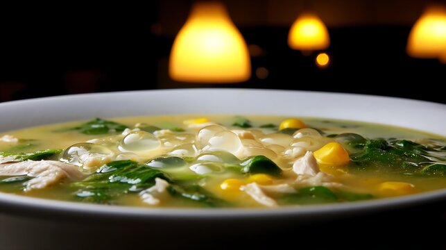 Close-up of Lor Mee Soup with Chicken, Corn, and Greens