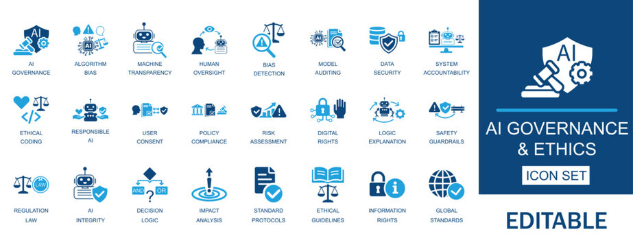 AI governance and ethics icons set. Includes responsible AI, data security and transparency elements. Perfect for tech lawyers, researchers and policy makers.