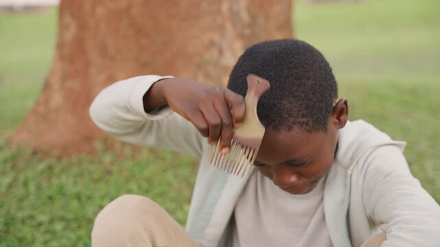 Child combs outdoors. Young boy styling hair beneath tree. Child carefully combs hair while sitting on lush grass. Young boy attentively arranging hair with wooden comb in sunny park setting