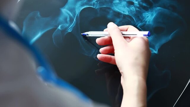 Hand holding pen while examining radiograph in a medical setting during daylight.