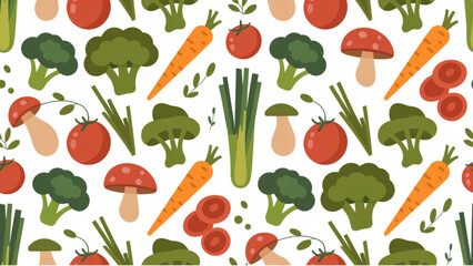 Fototapeta premium Fresh Vegetables and Mushrooms Pattern Organic Food Vector Background
