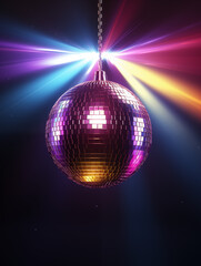 Obraz premium Ultra vibrant disco ball hanging in a dark background, colorful light beams radiating outward, light rays, neon glow