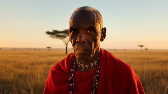 Close-up of a smiling old man in a red shirt stands in a savannah at sunset, captured in 4k ultra hd for commercial use as original content