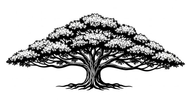 Detailed Illustration of a Broad, Mature Tree with Extensive Root System.