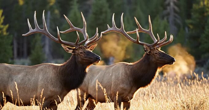 Two majestic elk with large antlers standing in a golden field at sunset, surrounded by trees