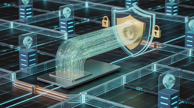 Secure VPN Connection Digital Tunnel, Encrypted Data Flow with Shield Protection, Futuristic Cyber Security Network Concept