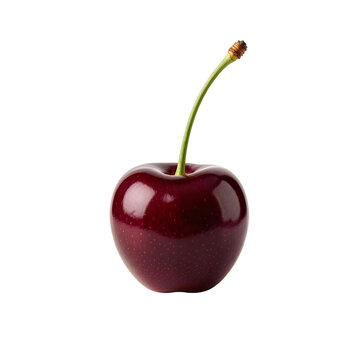 A single ripe cherry with a glossy dark red skin and bright green stem