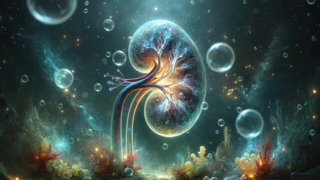 Abstract representation of a human kidney in a surreal, glowing underwater environment with bubbles and colorful coral formations