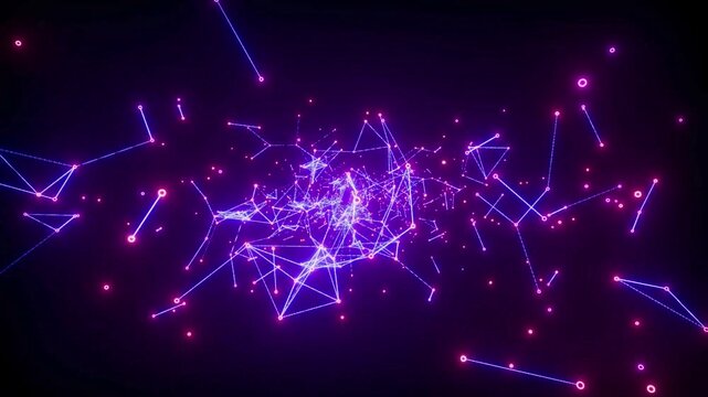 Abstract digital network background with glowing neon purple and pink nodes connected by lines, representing big data, artificial intelligence, blockchain technology, and futuristic communication syst