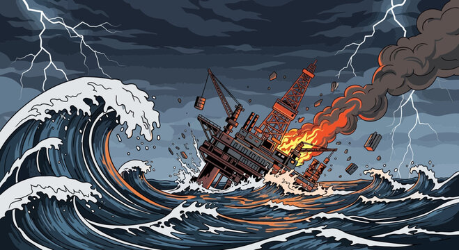 Oil rig disaster in stormy seas with lightning and waves, pixel art style
