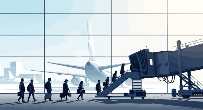 Travelers boarding airplane via jet bridge at modern airport terminal, passenger boarding, travel concept