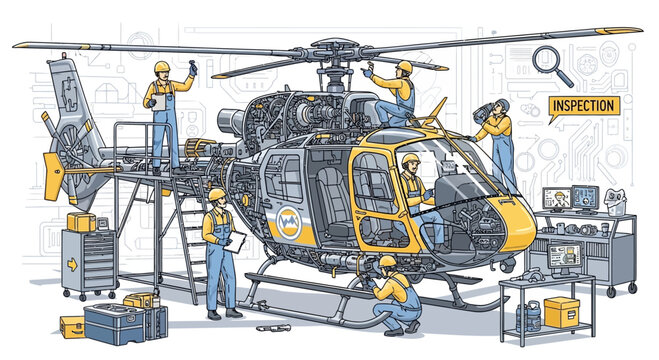 Helicopter Maintenance Crew Working on Aircraft Engine and Rotor Blades in Workshop