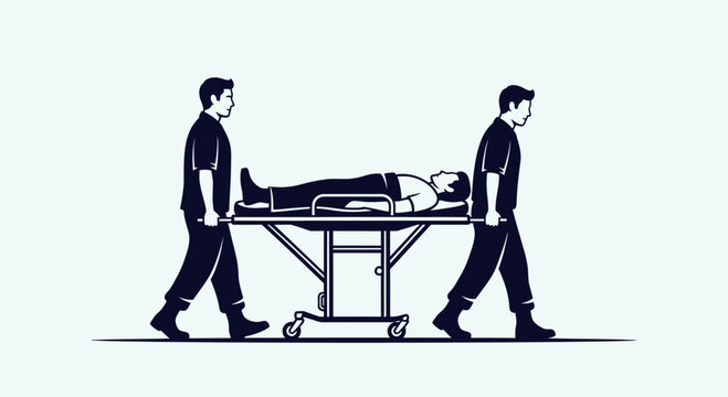 Paramedics carrying patient on stretcher, emergency medical transport, medical assistance vector illustration