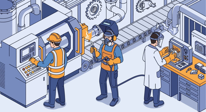 Industrial production line with workers welding, operating machinery and monitoring computer.