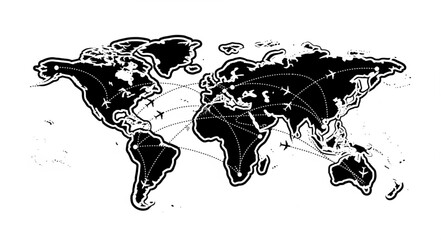 Detailed World Map Illustration with Global Flight Routes. © Muya