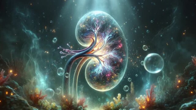 The Intricate and Vibrant Structure of a Human Kidney, Illuminated with Colorful and Ethereal Bioluminescence, Floating in a Surreal Underwater Environment
