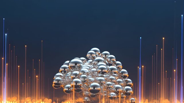 A cluster of shiny silver spheres on a dark background with blue and orange light beams rising like data signals.
