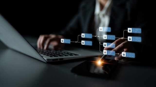 Blockchain structure showing distributed data blocks linked with encryption, representing secure transaction verification, decentralized control, and immutable record system Latch