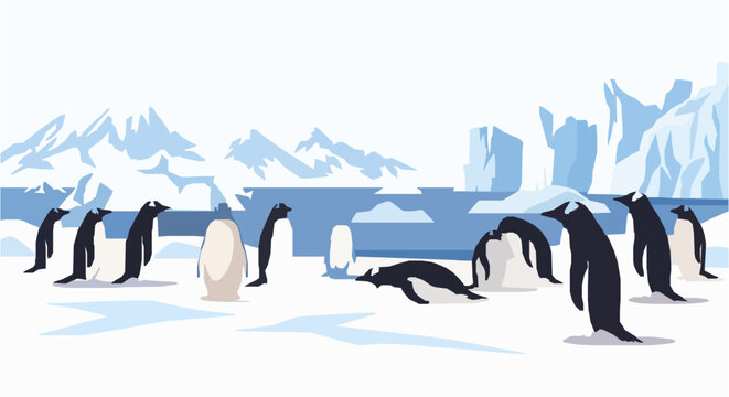 Cute penguins on antarctic ice vector with iceberg ocean and snowy mountains playful wildlife illustration
