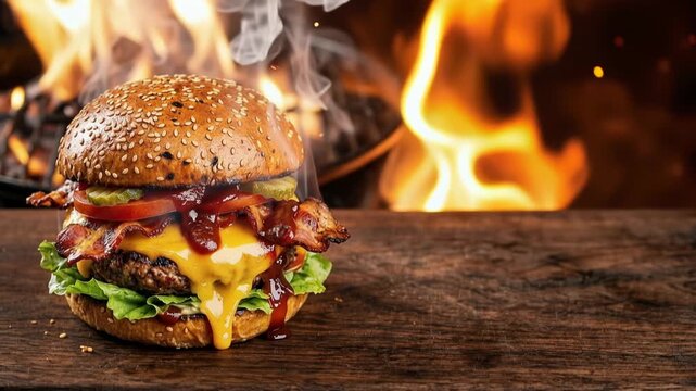 Appetizing grilled cheeseburger with melting cheddar, bacon, and fresh vegetables on rustic wood table, featuring rising smoke and intense fire flames in warm restaurant kitchen background.