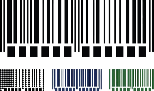 Barcode graphics present multicolor line arrays and dot grids used for diverse asset management and tracking solutions.