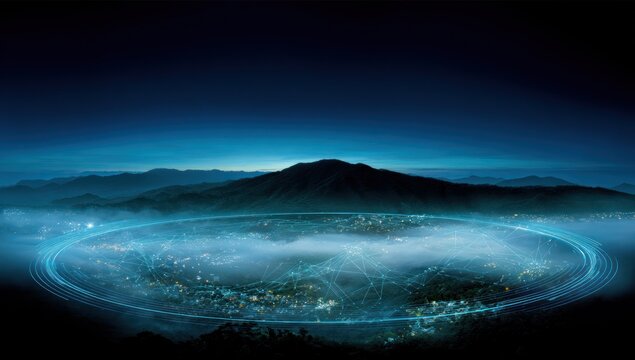 A city nestled within a network of glowing lines, surrounded by misty mountains at dawn.