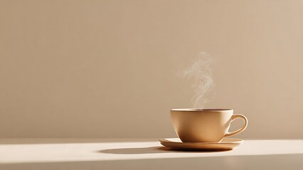 Fototapeta premium Steaming coffee cup with warm light on a saucer casting shadow