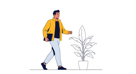 Fototapeta premium Young male professional in a yellow jacket carrying a laptop while walking through a bright modern office space past a large indoor plant.