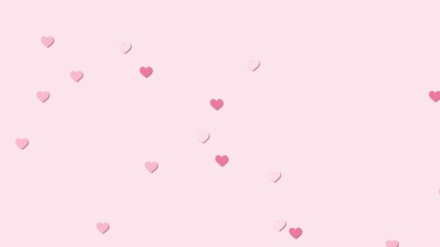 Gentle animated pink hearts falling slowly on a soft pink background, romantic motion graphics clip.