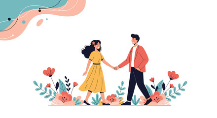 Obraz premium Romantic couple holding hands and walking through a beautiful field of colorful flowers under a decorative abstract background element.