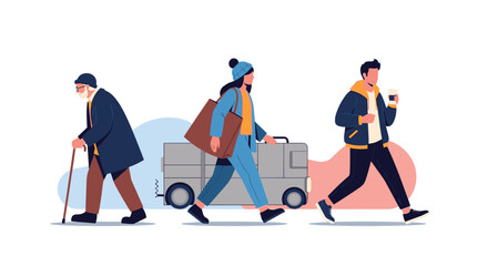 Fototapeta premium Urban scene featuring three distinct characters including an old man with a cane, a woman with a suitcase, and a young man with coffee.