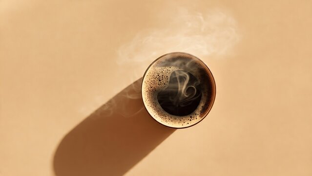 Overhead steaming black coffee with foam and long shadow