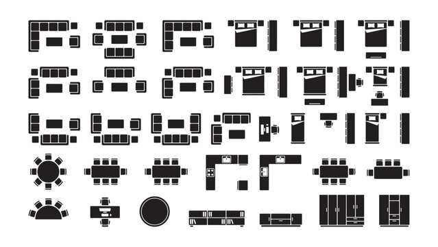  Comprehensive furniture floor plan silhouette icon set for interior design, architectural blueprints, and residential space planning
