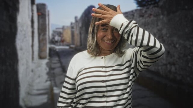 Woman shields forehead with hand while smiling in a narrow stone street wearing striped sweater; lighthearted joy.