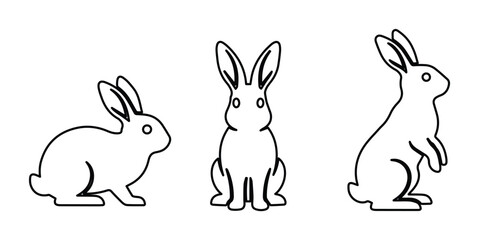 Fototapeta premium Minimalist rabbit outline icons, set of 3 bunny line art vectors, simple black and white hare silhouettes for Easter and nature branding