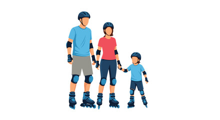 Obraz premium Active family including father, mother, and child wearing protective gear and helmets while rollerblading together on a summer afternoon.
