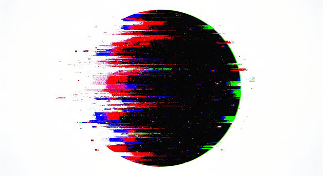 Abstract Glitch Circle with Red and Blue Distorted Pixels on White Background