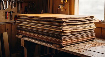 Fototapeta premium A large stack of wood sheets on a workbench in a workshop, tools in background