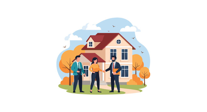 Professional real estate agent shakes hands with a happy client in front of a beautiful suburban house on a pleasant autumn day.